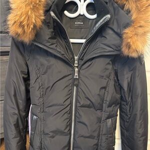 RUDSAK Women's Black Puffer ‘bomber style’ Jacket with Brown Fur Trim